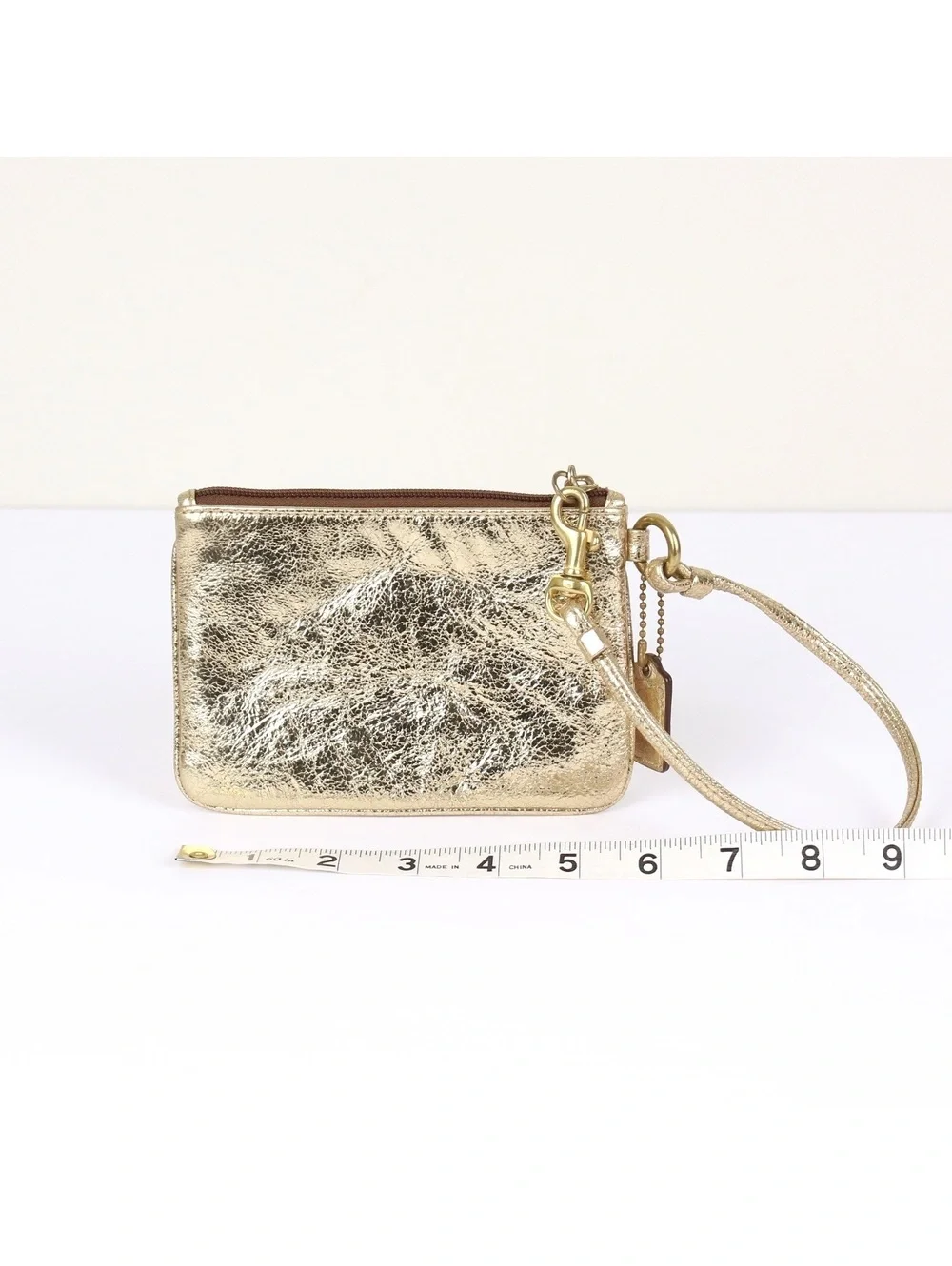 Coach Poppy Metallic Gold Graphic Leather Zip Wristlet Wallet